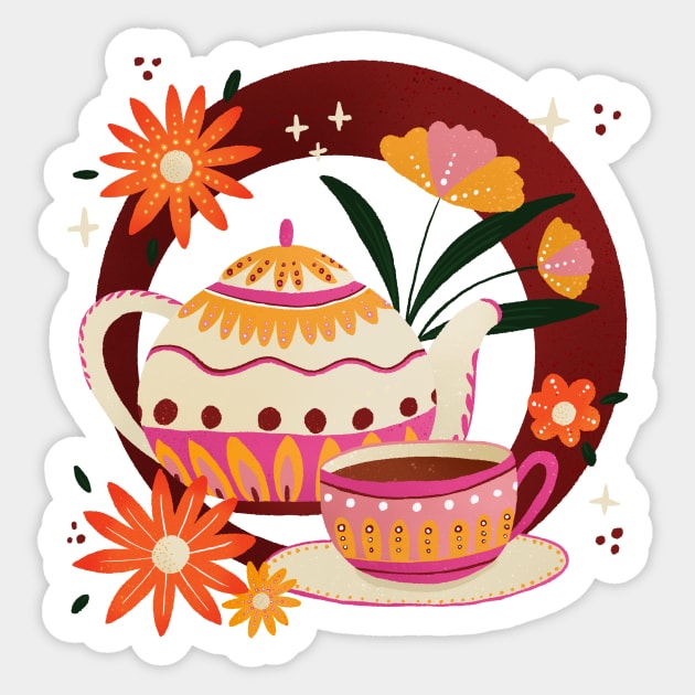 Pink and orange retro teapot and cup and flowers Sticker by Home Cyn Home 